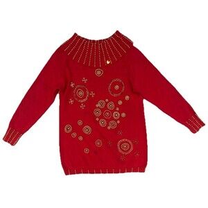 Vintage Victoria Harbour Red Ramie Cotton Sweater Gold Beaded Women M Holiday